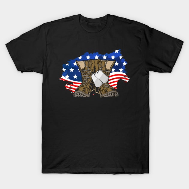 Veteran Boots American Flag Dog Tag T-Shirt by Caskara